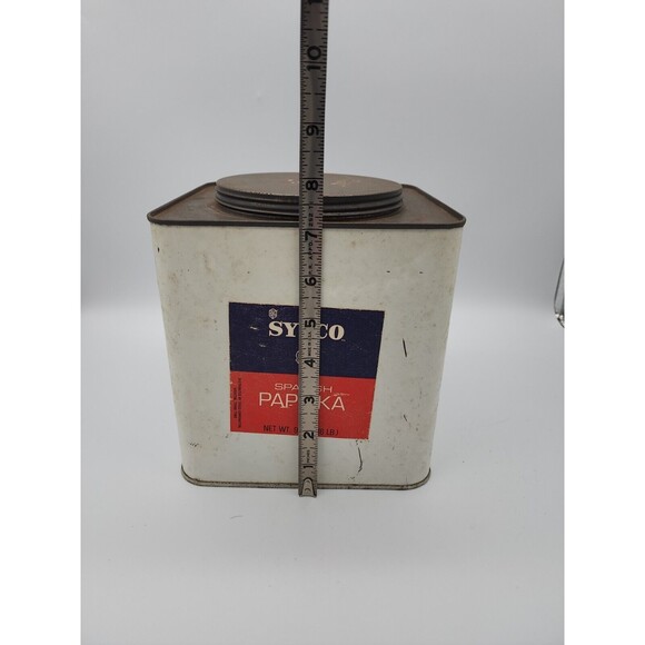 Vintage Sysco Spanish Paprika 96 Oz Large White Tin Houston Texas Rare Find - Picture 9 of 12